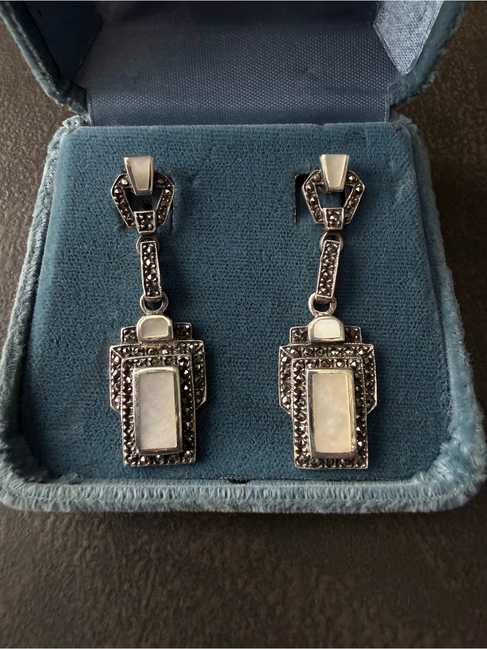 Are Deco Sterling Silver Marcasite Drop Earrings with Mother of Pearl